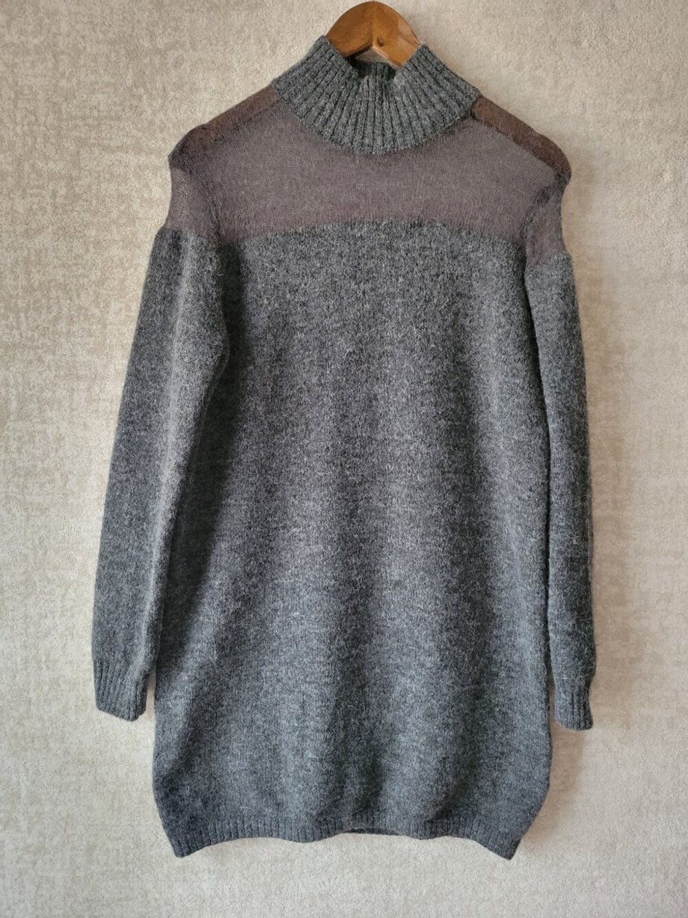 ZARA Small Semi Sheer Mesh Detail Mock Neck Knit Sweater Dress Gray Wool Minimal